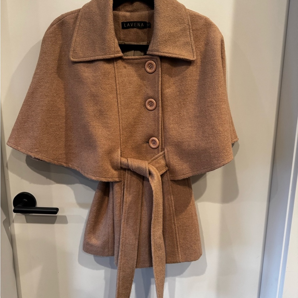 Tan Cape with Wide Collar and Fabric Belt